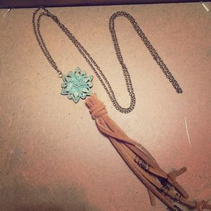 Long tassel necklace with turquoise pendant